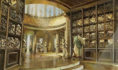 Books and sculpture in a classical library