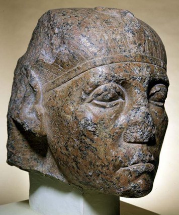 Granite head from a sphinx of Senusret III, wearing the royal nemes headdress