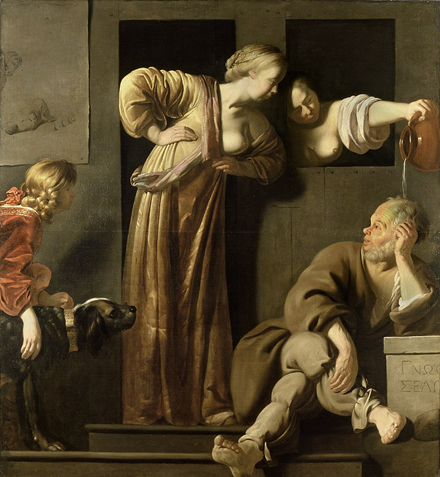 painting depicting Socrates with his two wives